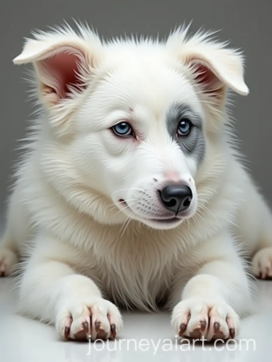 White-Dog-with-Gray-Spot-in-One-Eye-Lying-with-Paws-Forward