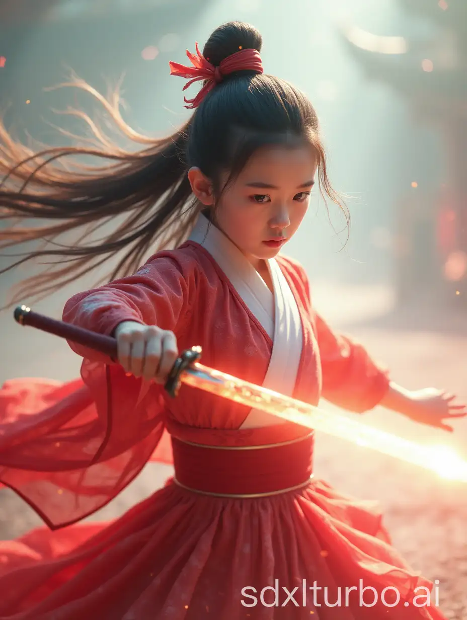 the girl is wielding a sword in the background, in the style of xiaofei yue, ethereal images, light white and red, colorful costumes, movie still, weathercore, dynamic and action-packed