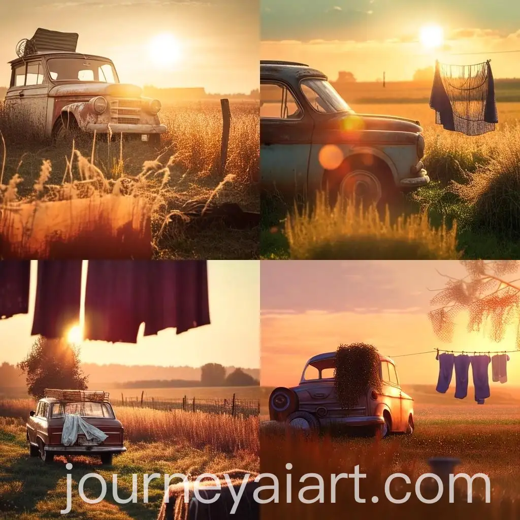 Rusty-Car-in-Field-with-Laundry-Racks-and-Dramatic-Evening-Sun