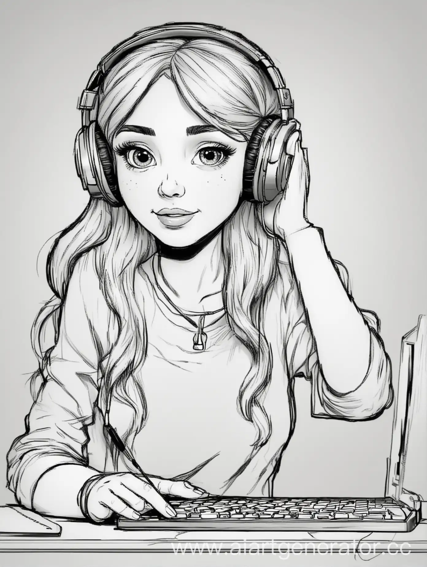 girl with computer and headphones in cartoon style coloring book