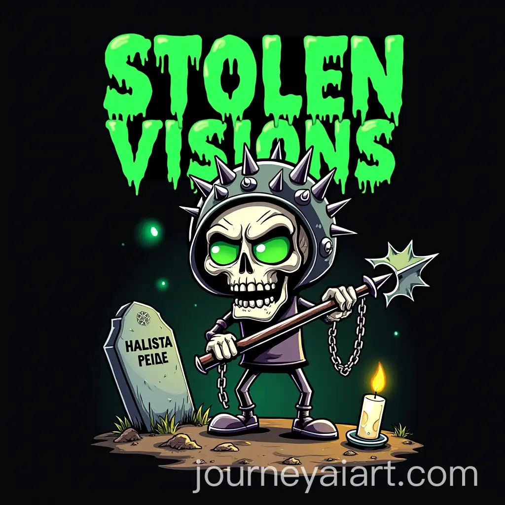 Cartoon-Skull-with-Spiked-Helmet-and-Weapon-in-Eerie-Graveyard-Setting