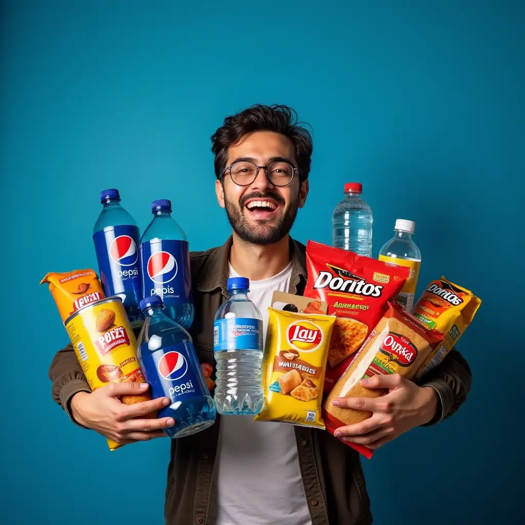 A happy man holding numerous grocery items (Pepsi Bottles, Chips Lay's, Doritos, Water, Bread, Wegitables and more) in his hands. He is excited to go home with all the food, as it's on sale at the supermarket. Dark blue Background. This is a high-resolution, hyper-realistic photograph.