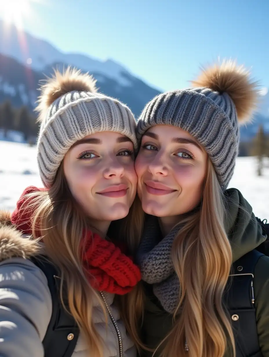 two different individual stunningly beautiful young 20-year-old Caucasian women, kissing in a selfie photo of themselves, wearing a wool beanie and other winter outdoor clothes, showing amazing snowy hills in the background, sunny day, in winter