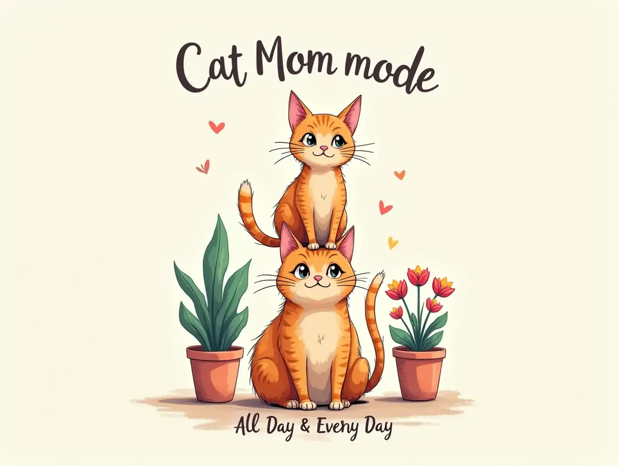 Vector. caricature. Create an image on Flux with a detailed image style and bold text. The image should feature a stack of three cats sitting on a surface, with the largest cat at the bottom and the smallest cat on top. The cats should have exaggerated features, such as large eyes and small noses. The background should include a potted plant and colorful flowers. The text 'Cat Mom mode' should be displayed above the cats, and the phrase 'All Day & Every Day' should be placed below the cats. The image should have a playful and whimsical feel, with a cartoonish style. Sketch