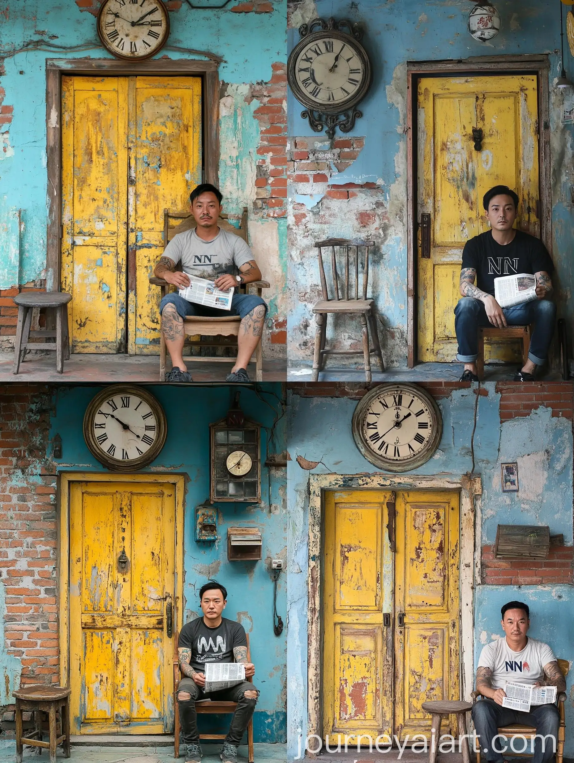 Vintage-Korean-Man-Sitting-by-Weathered-Yellow-Door-with-Antique-Clock
