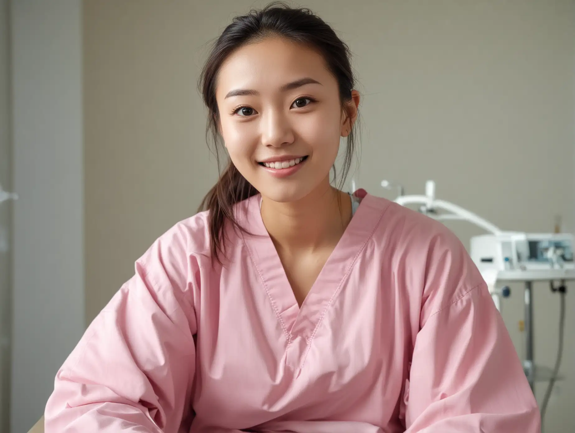 beautiful face of a skinny angelic sweetheart chinese college student sitting in a medical examination room wearing a hospital gown staring at the camera in amazed excitement. she is a patient, not a medical professional.