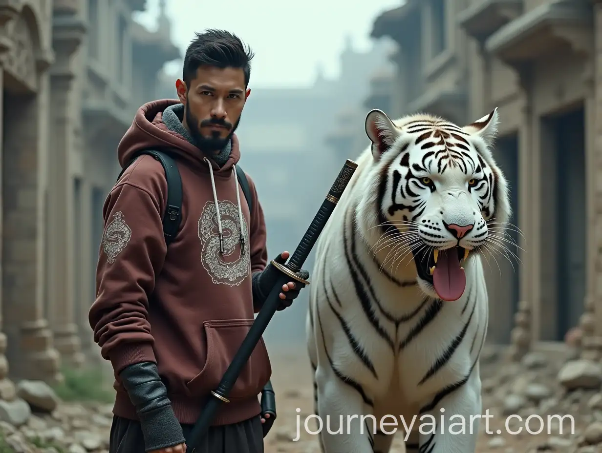 Asian-Man-with-Dragon-Hoodie-Sword-and-White-Tiger-in-a-Ruined-City