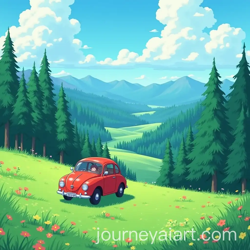 Anime-Landscape-with-Red-Car-Journeying-through-Evergreen-Valley