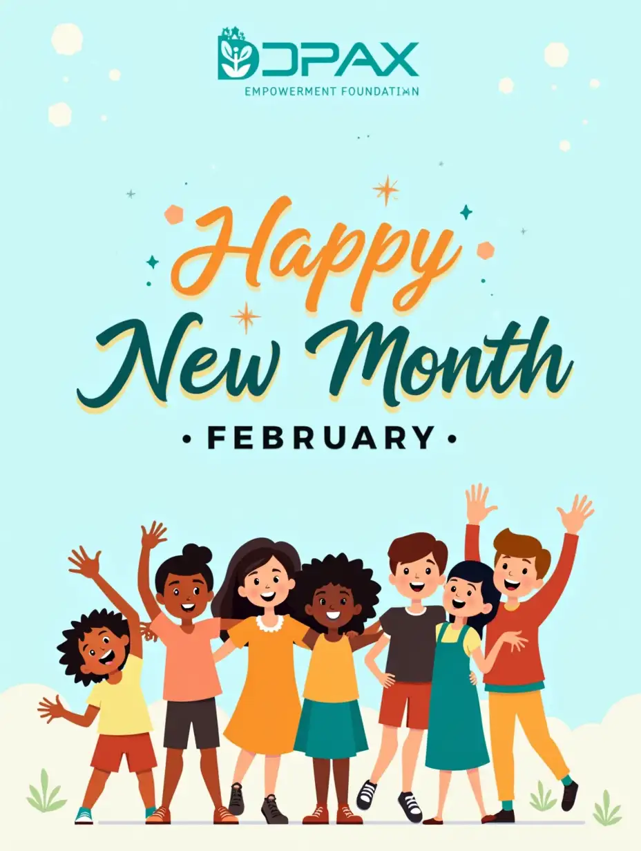 See yourself as a professional graphic designer and make this design come out well 'A sleek and vibrant 'Happy New Month – February' graphic post for DPAX Empowerment Foundation. The design features a group of cheerful children of diverse backgrounds, waving and smiling with excitement, symbolizing joy and hope. The background is modern and clean, predominantly using light blue, with accents of teal, orange, and white to align with DPAX’s brand identity.nThe typography is bold and elegant, with 'Happy New Month – February' displayed prominently in a warm and welcoming style. The overall design conveys positivity, empowerment, and unity, perfectly reflecting DPAX’s mission to uplift and inspire children through education and community support.  Make the image real children with very beautiful and catchy modern design. Make every letter be clear, readable and legible'