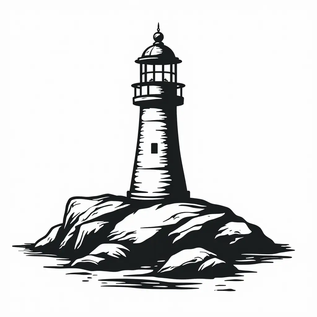Detailed-Black-and-White-Lighthouse-on-a-Rock-Vector-Logo-Style
