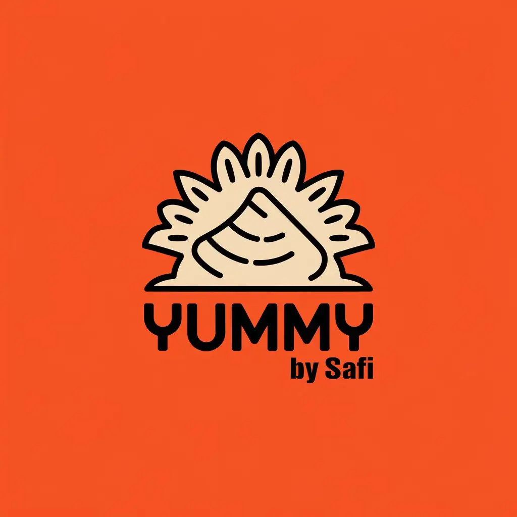 a vector logo design,with the text "Yummy by Safi", main symbol:generate a logo of semi finished food products. Orange background with name Yummy by Safi and uzbek traditional food somsa in the middle,Moderate,be used in Others industry,clear background