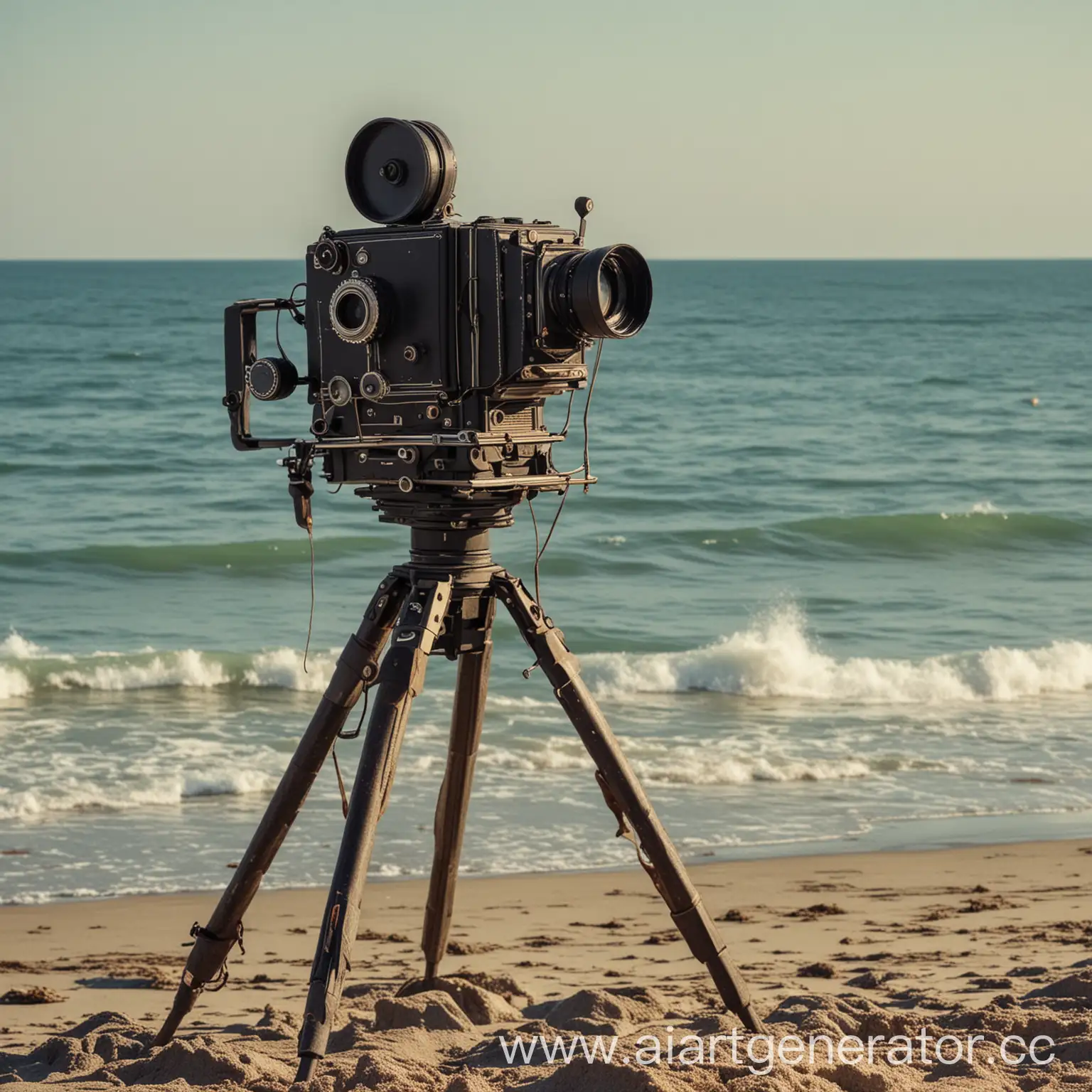 Operator-Filming-with-Vintage-Movie-Camera-at-Beach-by-Sea