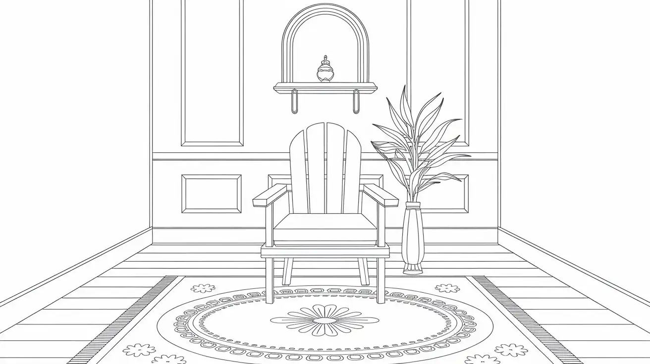 Peaceful Indoor Retreat Tranquil Black and White Coloring Book Page