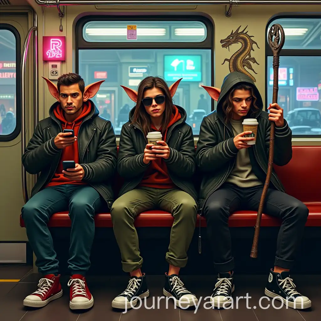 Elves-in-Urban-Clothing-Riding-the-Metro-with-Graffiti-and-Neon-Lights