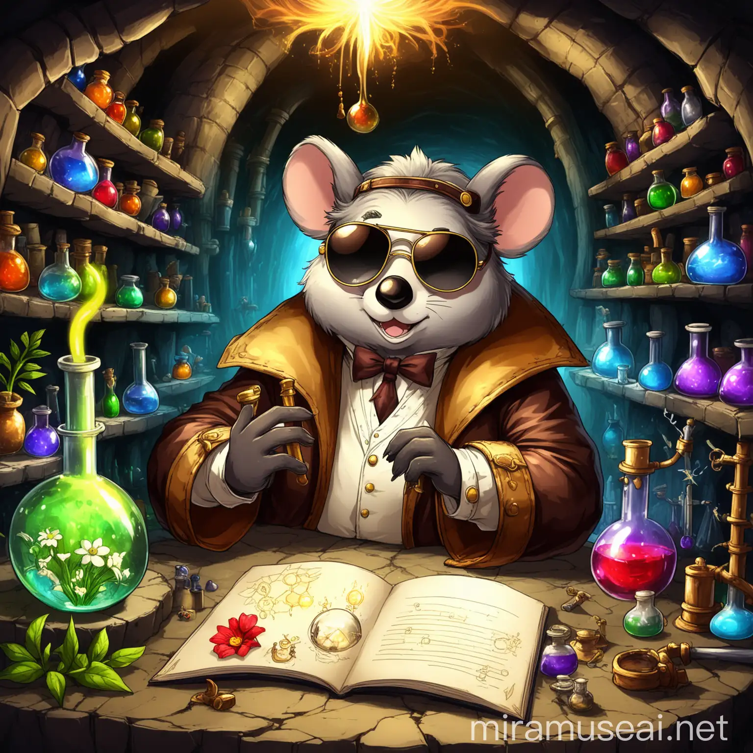 Fantasy Magic Mole Alchemist with Aviator Glasses and Magical Flowers