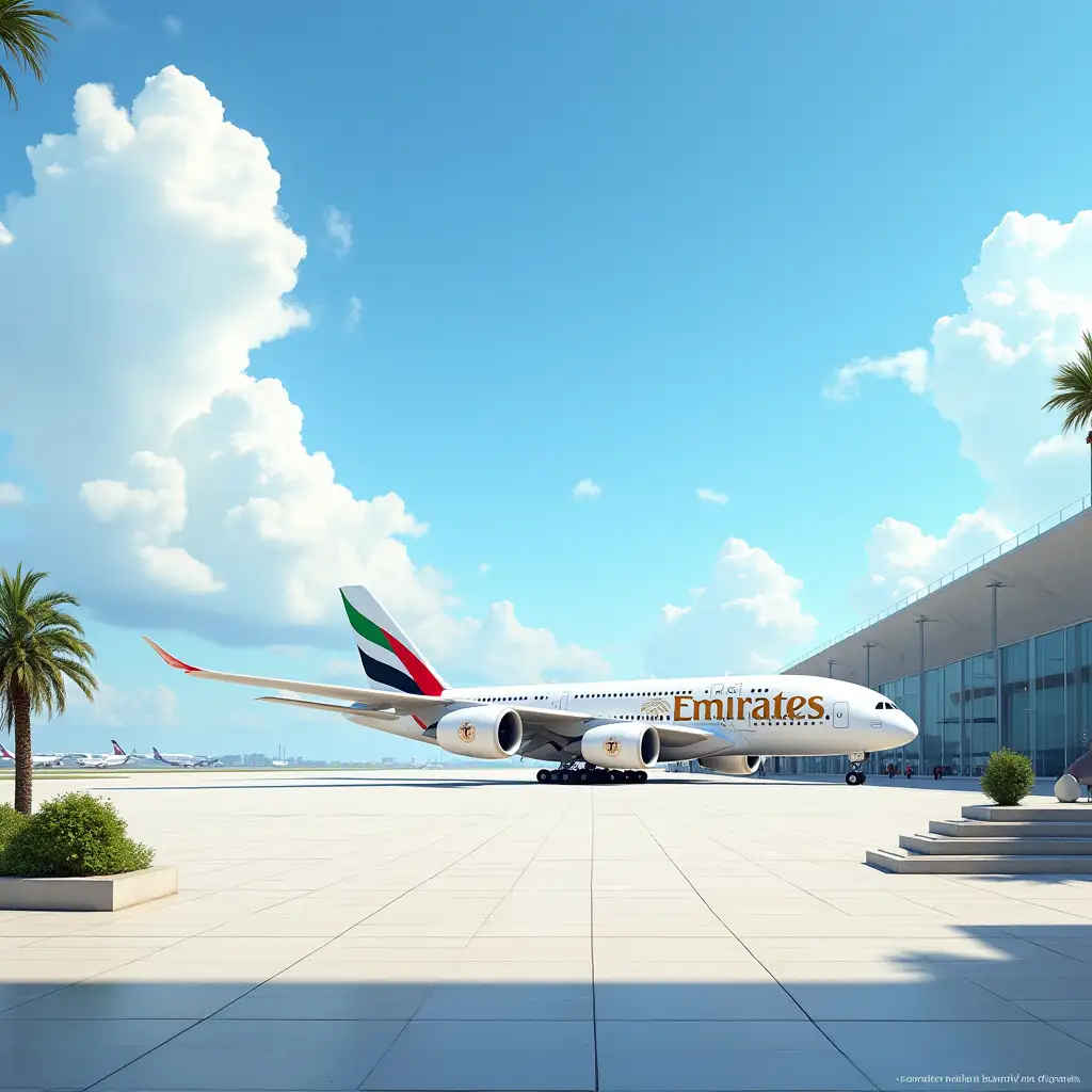 Emirates A380 at an Airport Patio Under a Blue Sky