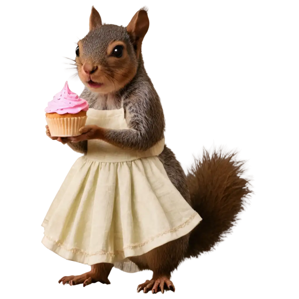 Squirrel-in-a-Dress-Eating-Cupcakes-PNG-Whimsical-Image-for-Creative-Projects