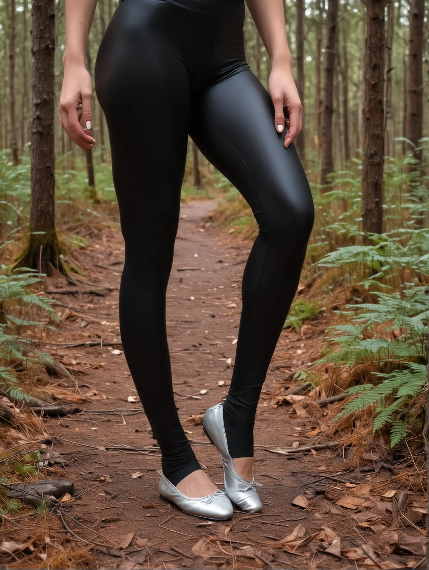 Shiny-Black-Spandex-Leggings-and-Silver-Ballet-Slippers-in-Forest-Setting