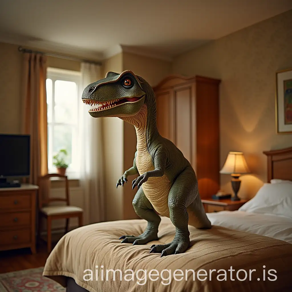 Dinosaur-Relaxing-in-a-Cozy-Hotel-Room-with-TV-Bathroom-and-Two-Wardrobes