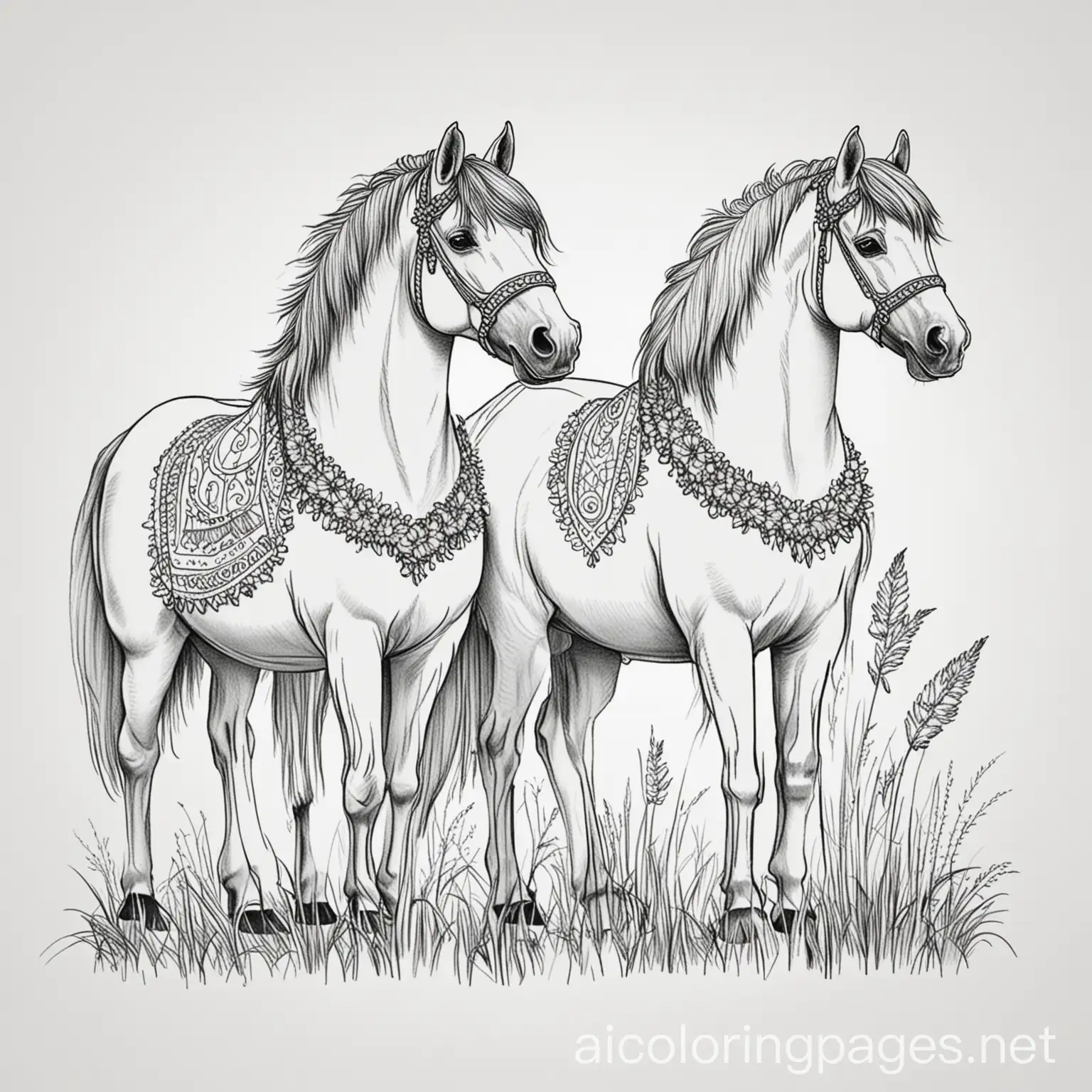 Horses-in-Grass-Skirts-Coloring-Page