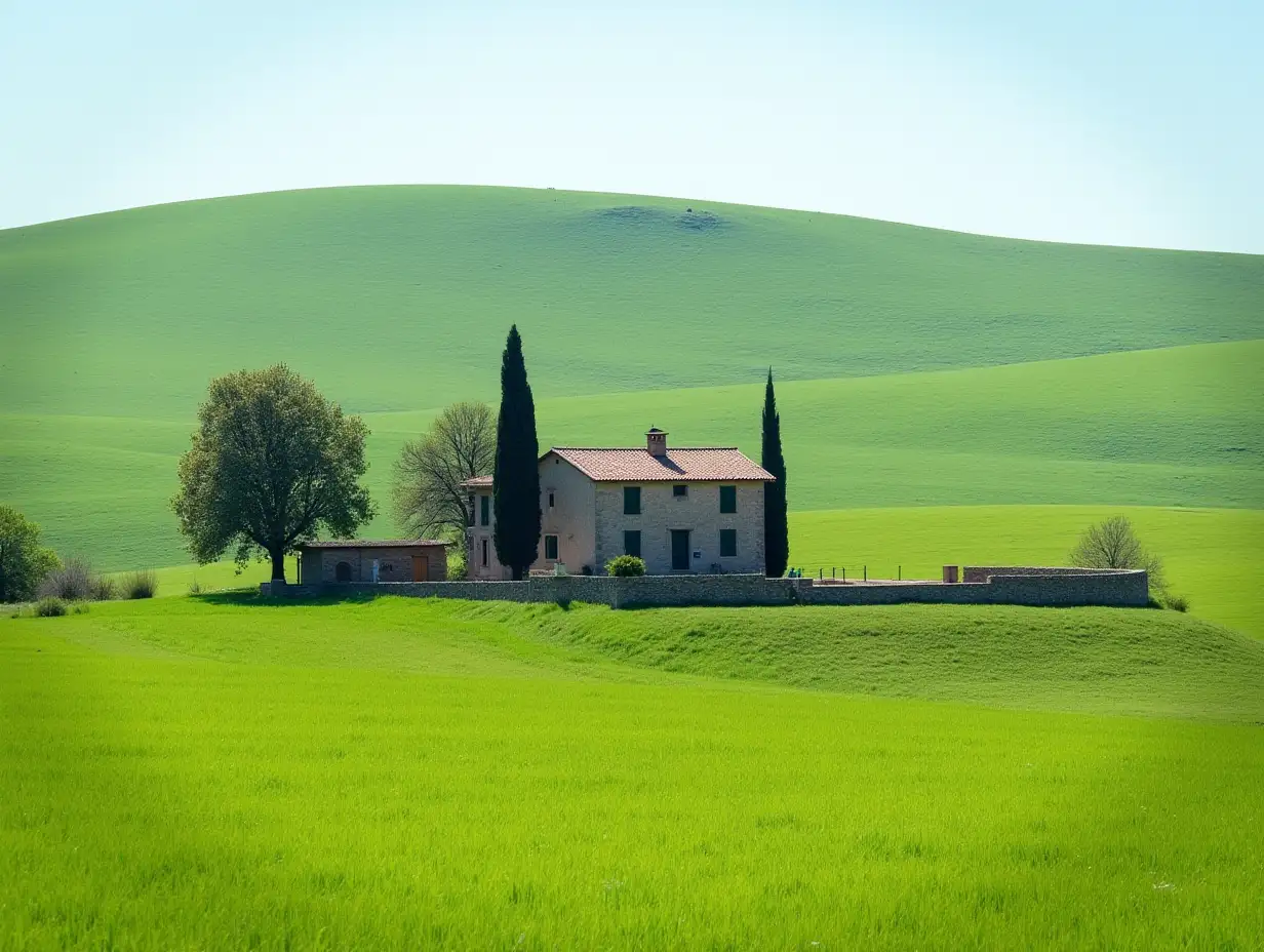 Farmhouse in green summer landscape near Crete Senesi, Tuscany, Italy