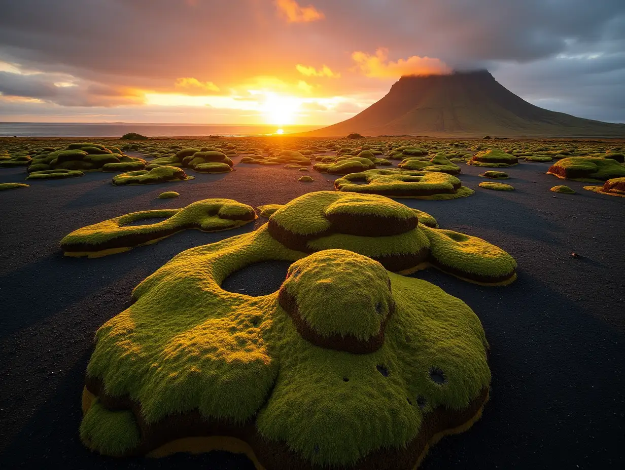 Beautiful panorama of the amazing volcanic mossy landscape of Eldhraun at sunrise in Iceland