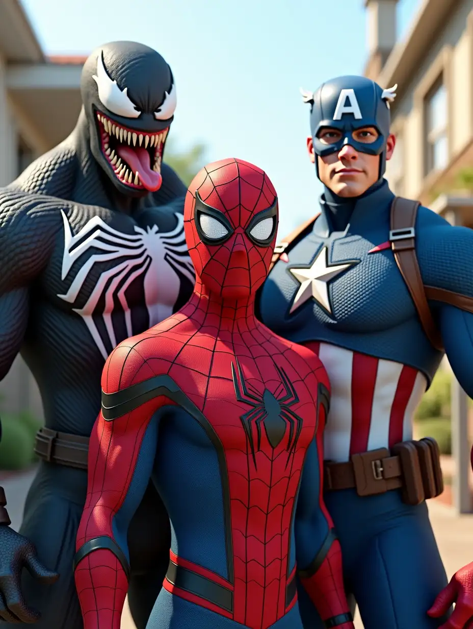 A hyper-realistic 3D render of Spider-Man, Venom, and Captain America standing together in an outdoor setting with bright daylight and a suburban house in the background. Spider-Man is at the center, wearing his iconic red and blue suit with intricate web patterns, his mask covering his face, and he is giving a confident thumbs-up. To his left, Venom stands tall with his muscular black symbiote suit, featuring a white spider emblem on his chest, sharp claws, and a menacing grin with sharp teeth and an extended tongue. To Spider-Man’s right, Captain America is wearing his blue suit with a bold white star, red and white stripes, a utility belt, and his mask with the letter 'A' on his forehead. He is also giving a thumbs-up with a determined and friendly expression. The characters are posed in a strong, heroic stance, with cinematic lighting, ultra-detailed textures, realistic reflections, and a vibrant color scheme. Rendered in 4K resolution, with lifelike depth of field and soft shadows enhancing the realism.