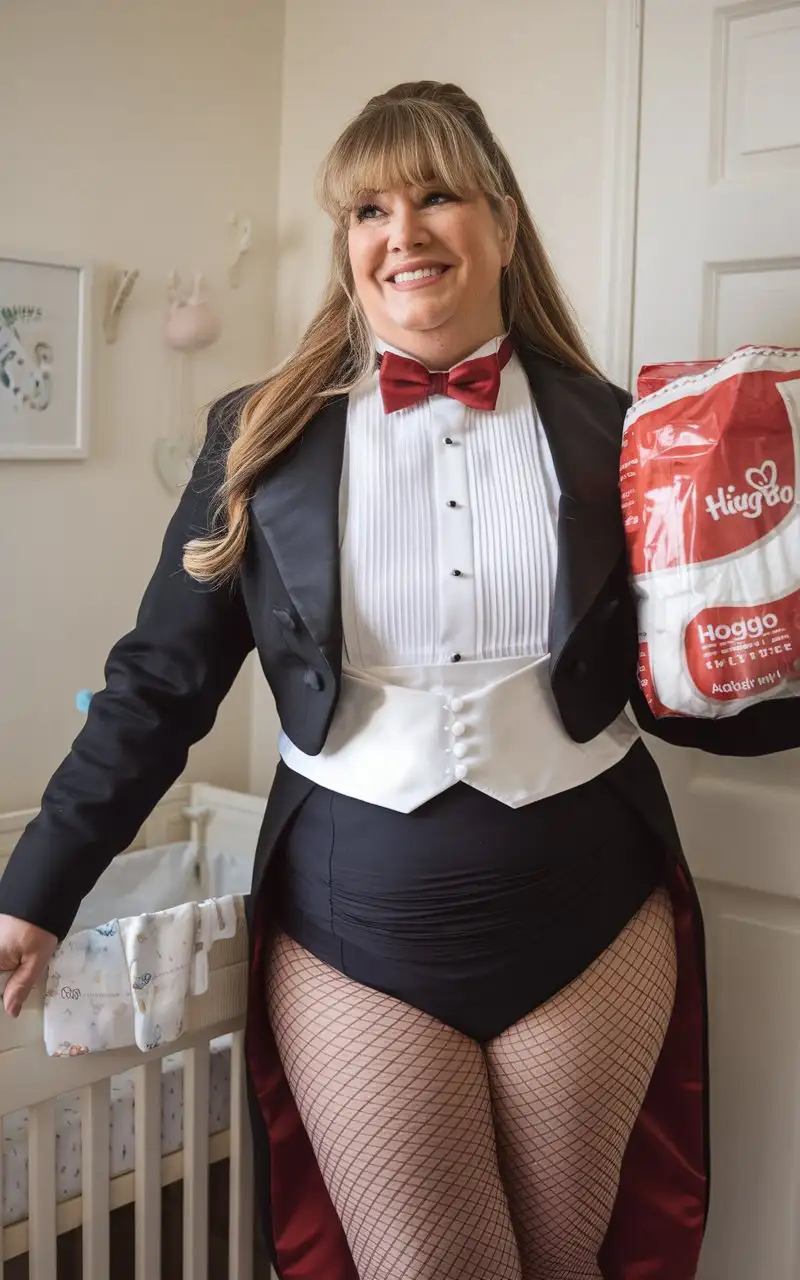 MiddleAged-Woman-in-Formal-Tuxedo-Holding-Huggies-Diapers-in-Nursery-Setting