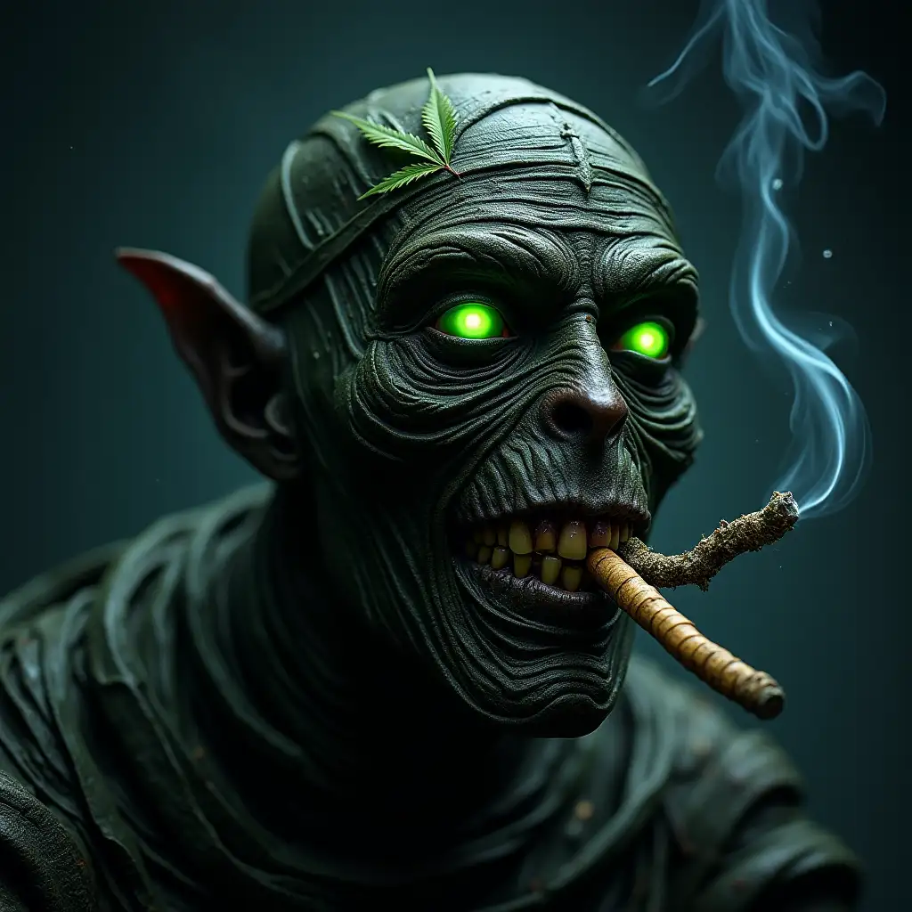 A marvelous mummy of black color. with a spliff in teeth. (spliff bright green), with eyes of demon, on forehead leaf of cannabis, out of nose smoke, background Milky Way