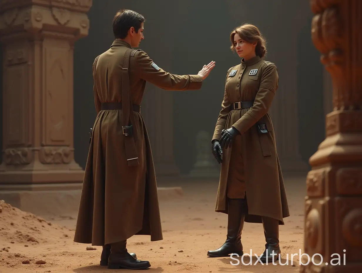 full length view of a female officer of the imperial forces in star wars wearing her brown uniform and boots and gloves begging a rebel soldier not to kill her