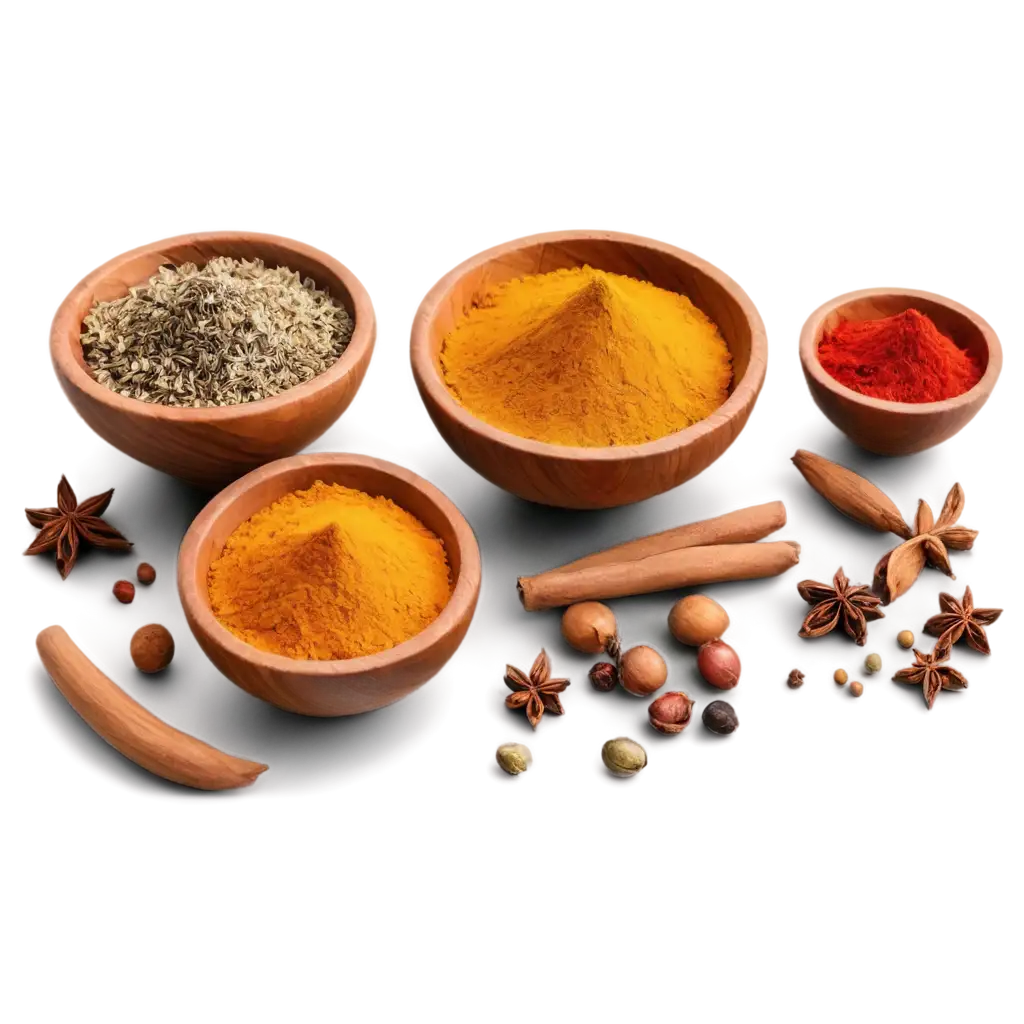 Vibrant-Indian-Spices-in-Wooden-Bowls-PNG-Image-for-Culinary-and-Design-Purposes