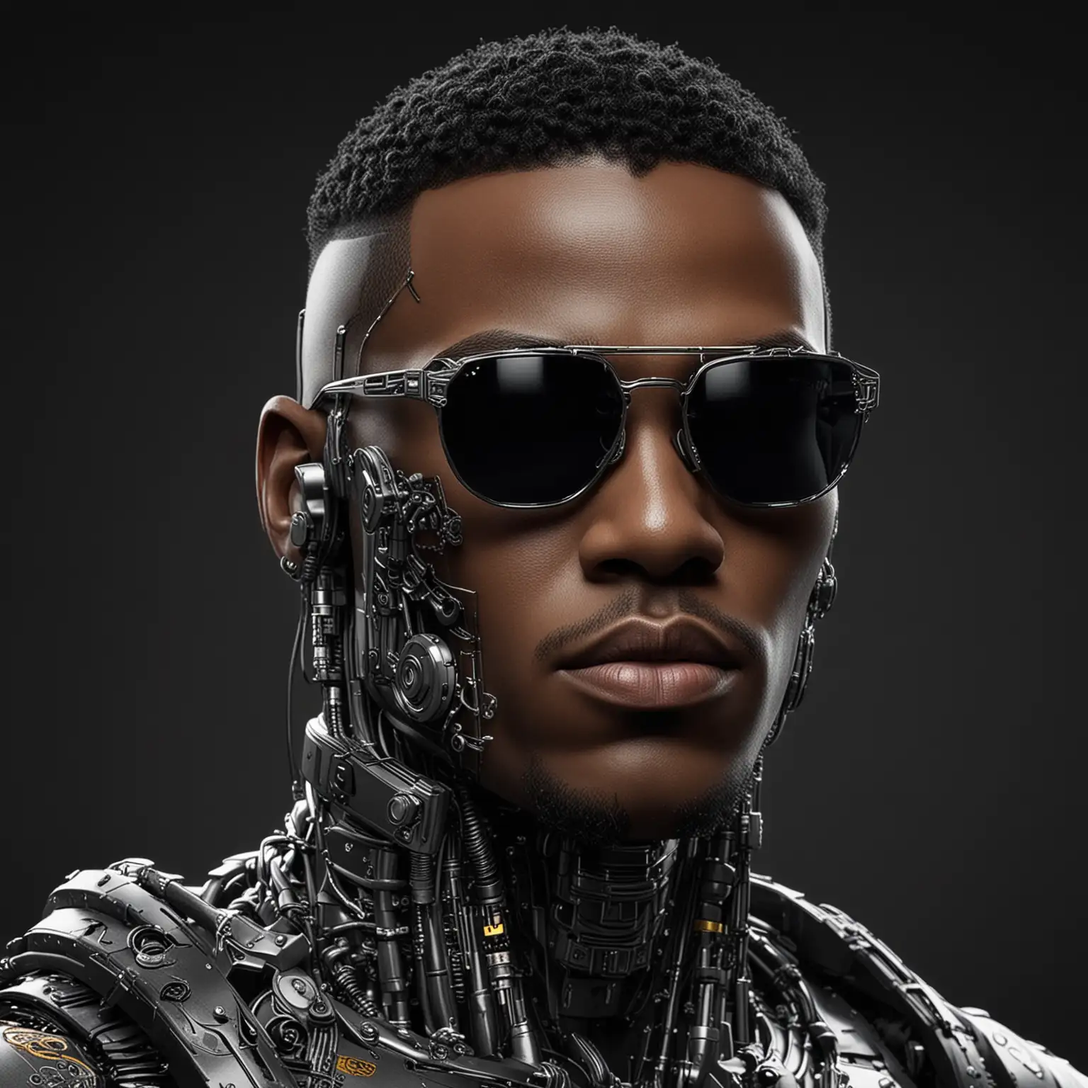 Ethnically Black Male Robot with Sunglasses on Ink Black Background