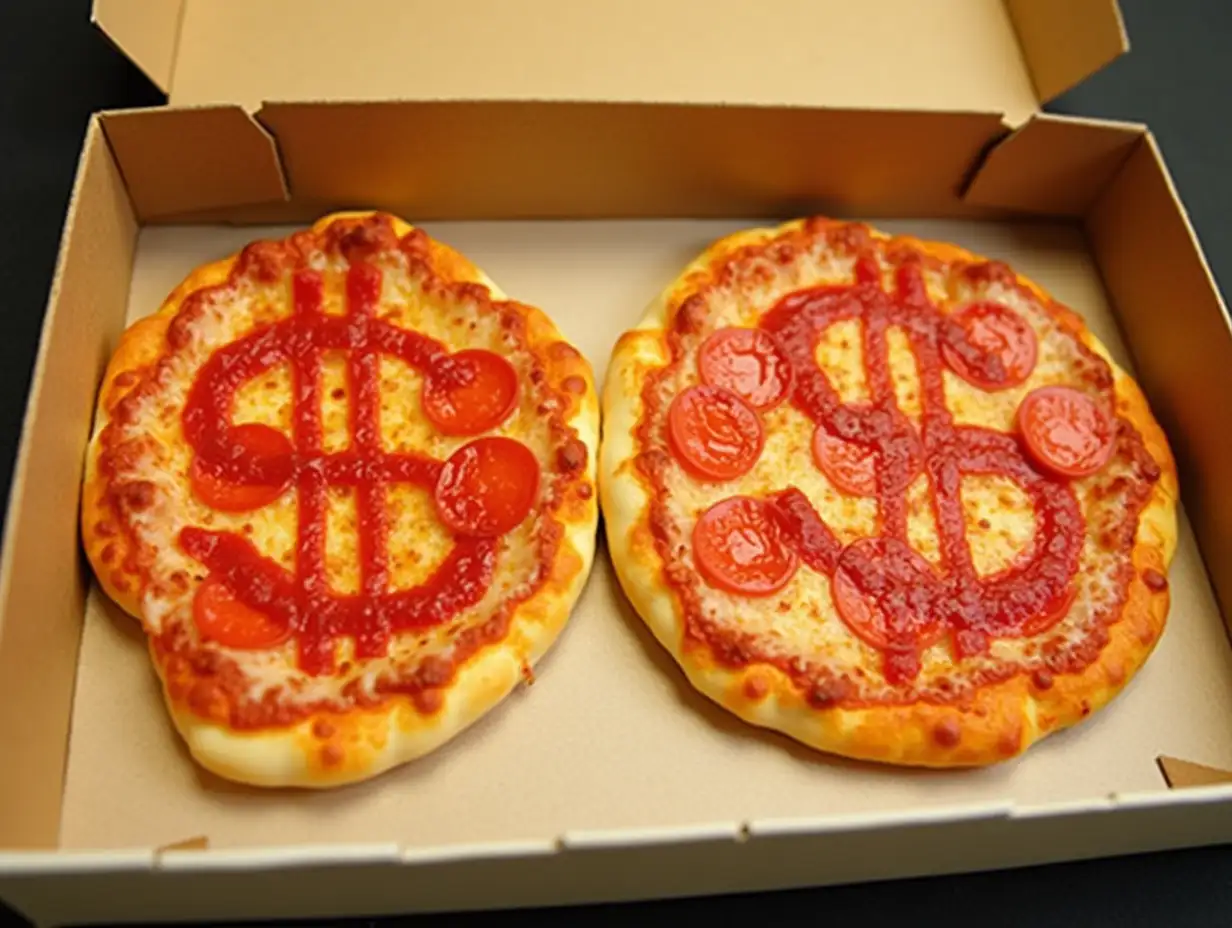 Two-Small-Pizzas-with-Dollar-SignShaped-Pepperoni-in-Rectangular-Box