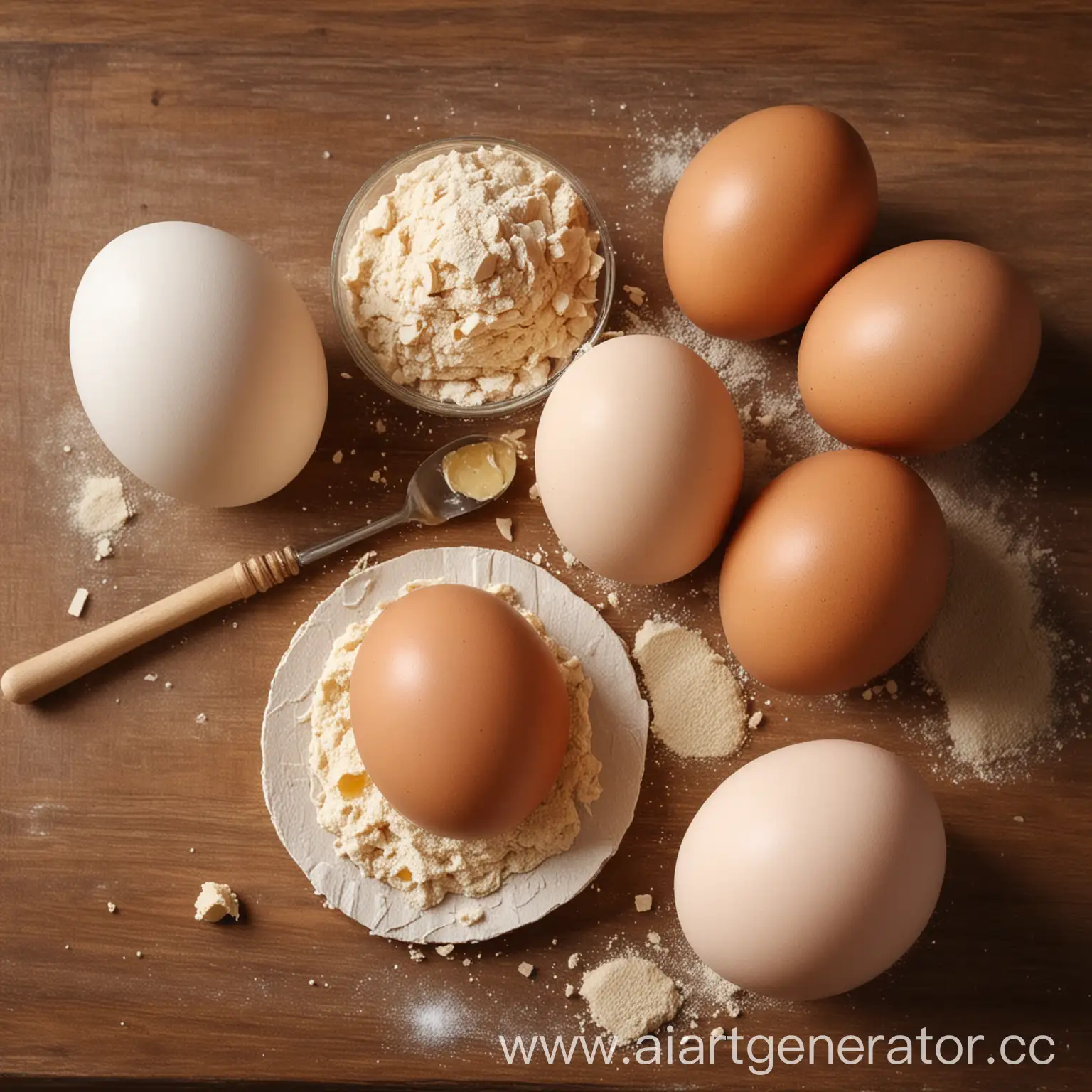 Table-with-Ingredients-for-Baking-Eggs-Honey-Whole-Grain-Flour-and-Leavening-Agent