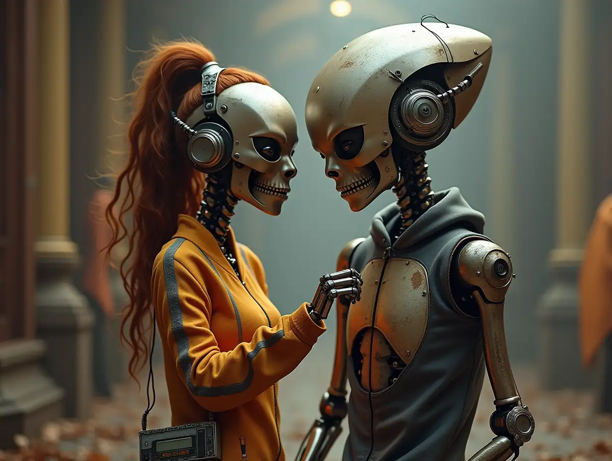 Create a high-resolution, realistic image of a robot dancing with a woman. It has a skeleton body, metal hands and the head of an alien, a fashionable tracksuit, steel hair and a Walkman in its hand. 4K resolution (Steampunk-8K quality)