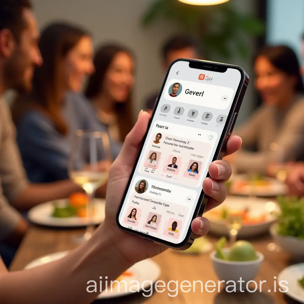 A stylish digital concept image showing people being matched for a cooking event through a sleek mobile app interface (TimeLeft). The screen displays personality types, food preferences, and icons of wine glasses, vegetables, and Thermomix machines. Soft, modern UI floating over a blurred background of cozy dining tables. Warm, vibrant tones suggesting connection, fun, and community. People of diverse backgrounds are shown smiling and getting matched in pairs or groups of 8.