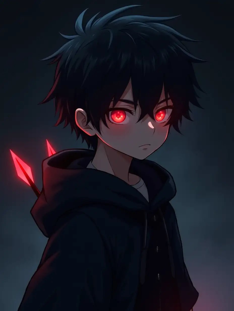 Create an anime-style illustration of a young boy with short, messy black hair and glowing red eyes. The character has a serious expression and is illuminated by a faint, eerie glow in a dark background. He wears a dark, hooded cloak with subtle texture, giving a mysterious vibe. There are glowing red arrow tips on his back, hinting at a weapon or magical ability. The art style should emphasize soft lighting, sharp features, and a fantasy atmosphere.