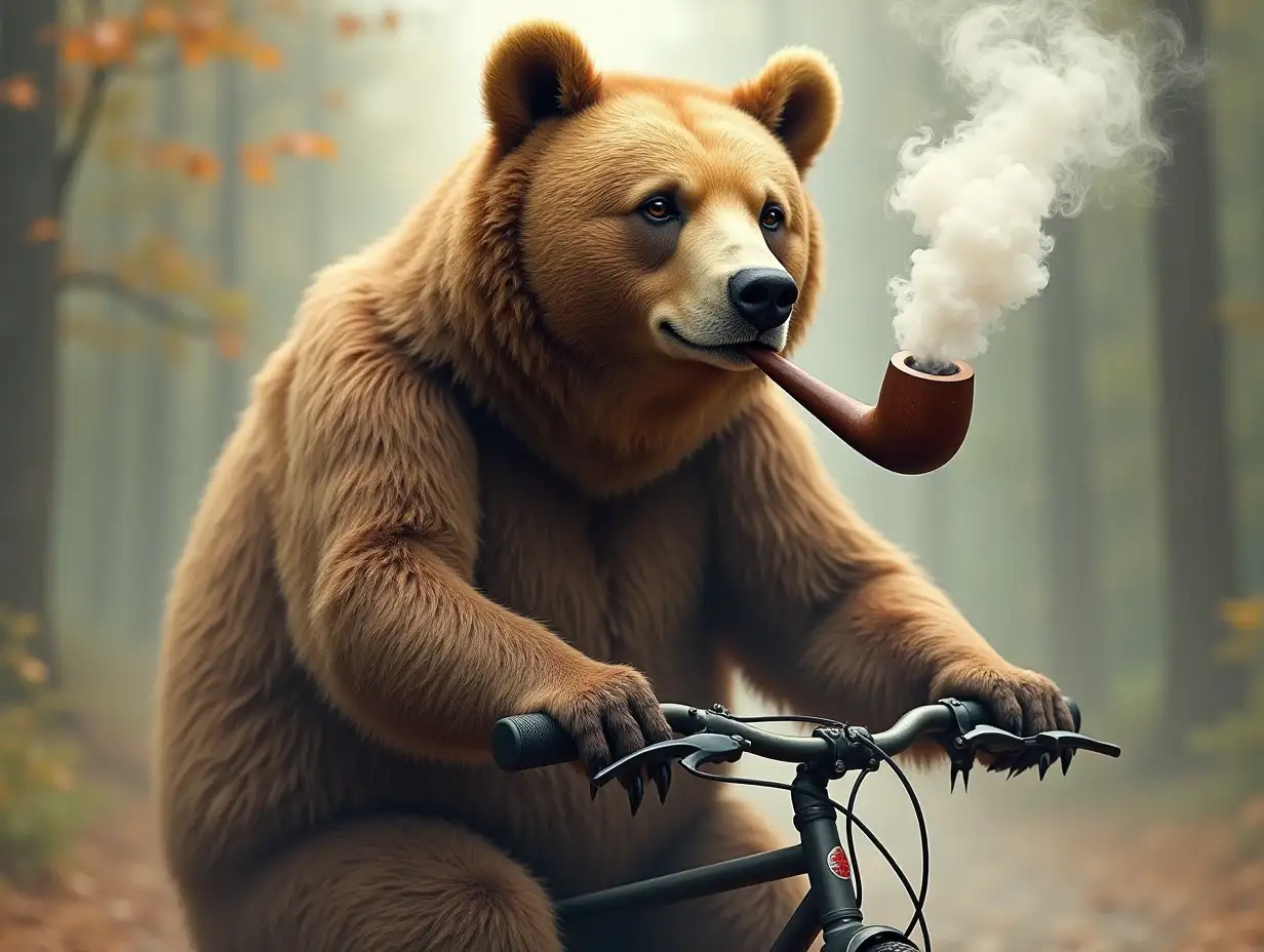 a bear that is riding a bicycle and smoking a pipe