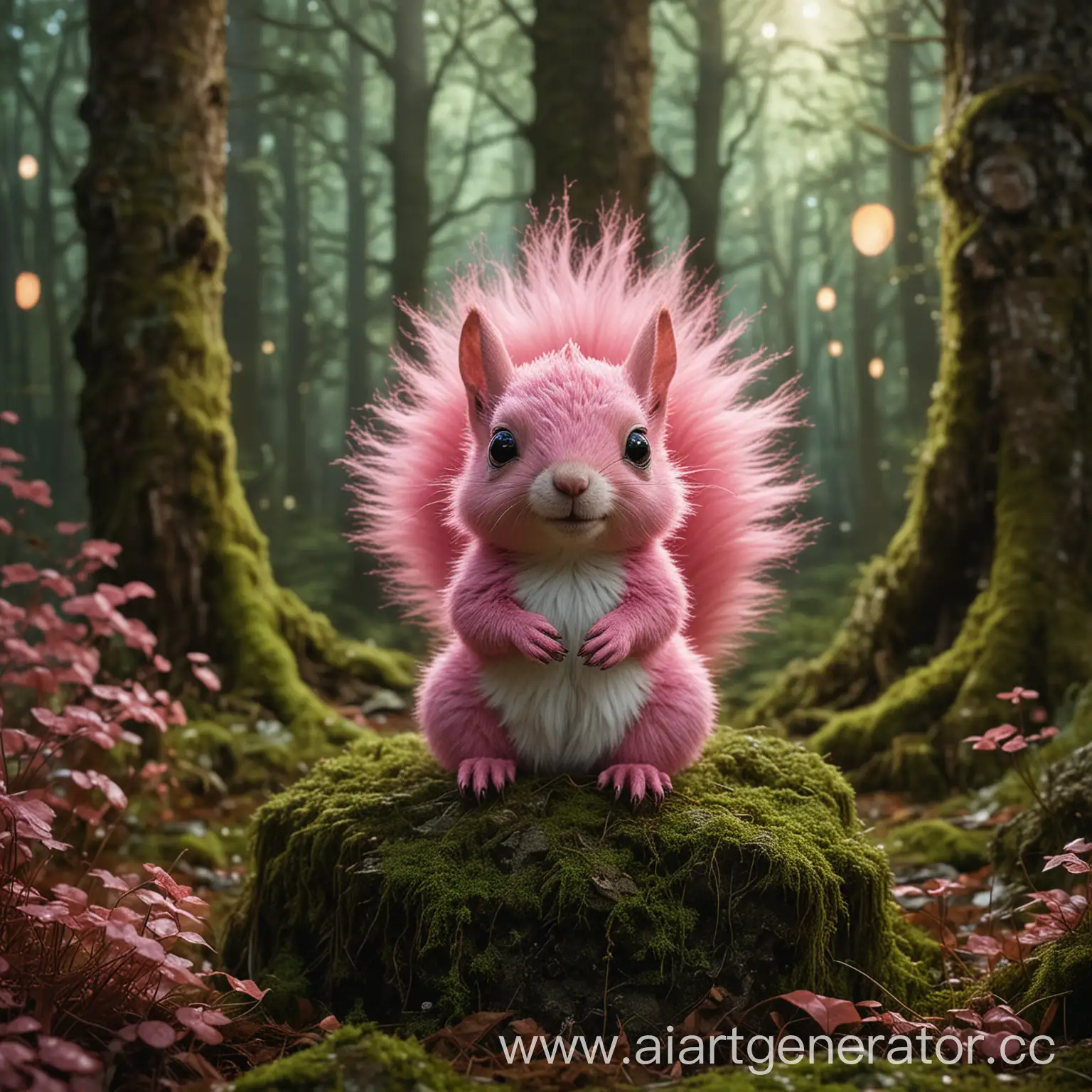 Pink-Furry-Squirrel-with-Glowing-Eyes-in-Magical-Forest