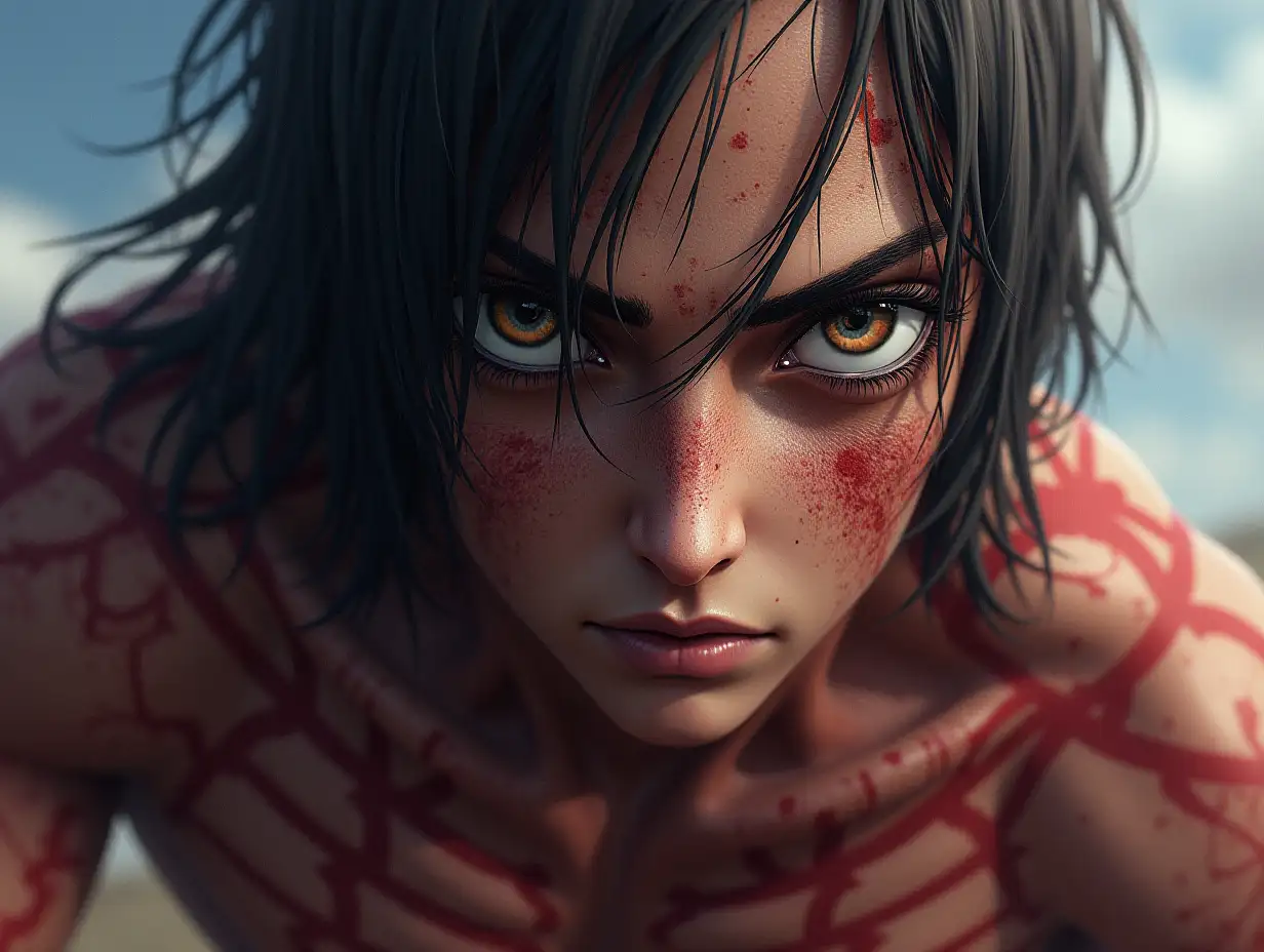 Ultradetailed hyperrealistic photo-realistic portrait of a 10 meter tall titan from Attack on Titan, with Mikasa focusing on the texture, surfaces and lighting to add depth, dimension and a photo-realistic appearance.