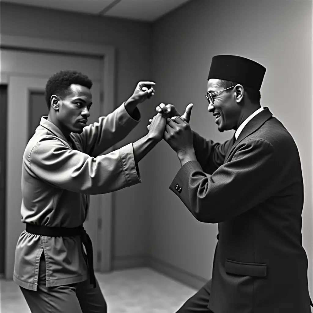 Elijah Muhammad and Malcolm X practices Kung Fu