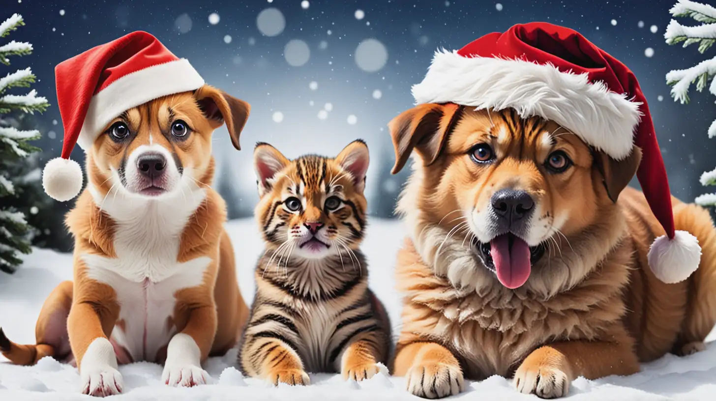 Playful Dogs in Santa Hats and a Cat in a Winter Wonderland