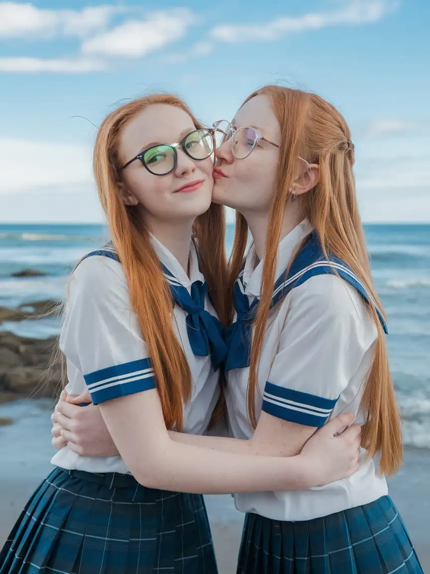 Young-Women-in-School-Uniforms-Embracing-at-the-Beach