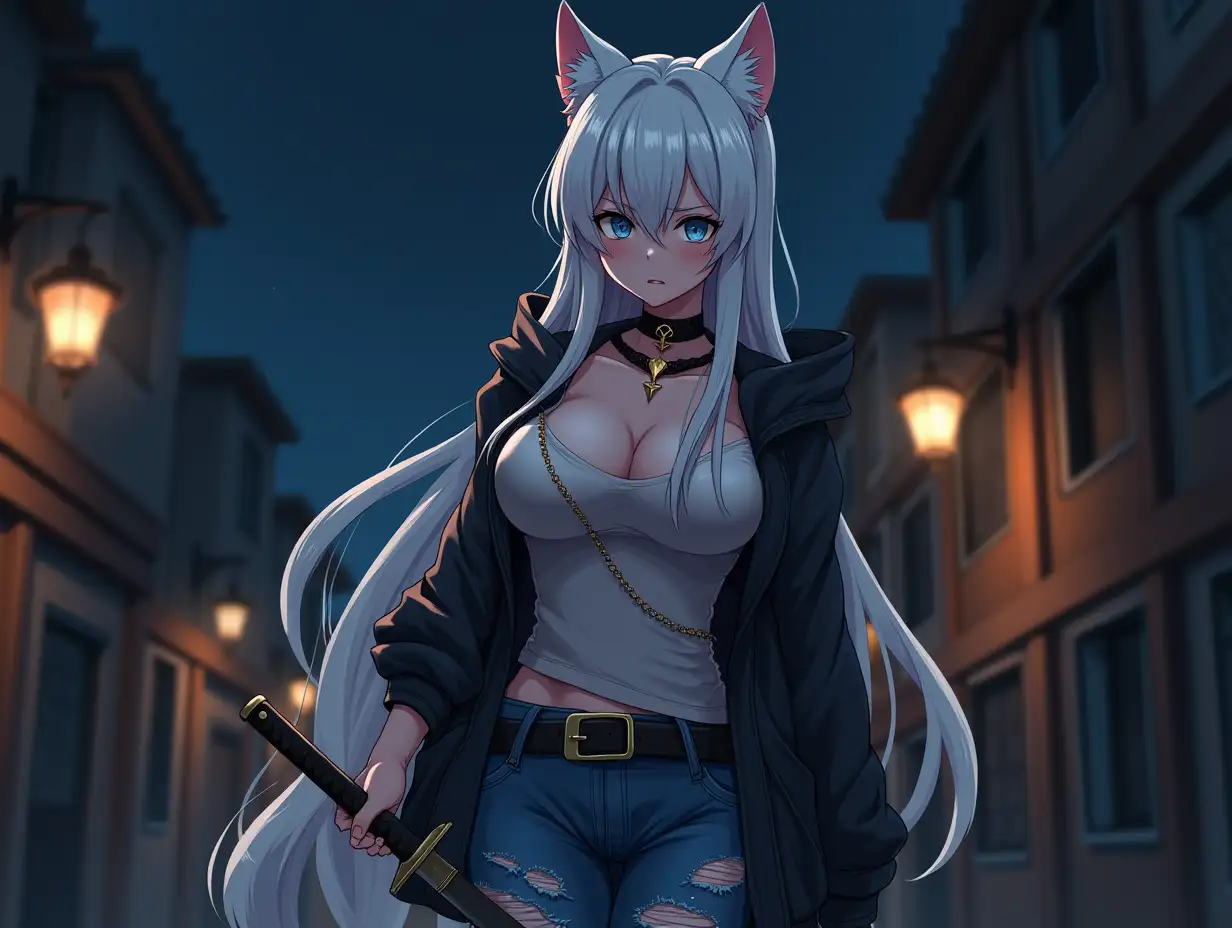 Anime mature adult woman in her 30's with big breast, blue eyes, black and gold earrings, a choker around her neck, long white hair and white cat ears on her head. Wearing her ripped blue jeans and battle ripped jacket. As she is bloody from battle. She holding to her katana waiting for the someone. Background is at night with laterns illuminating the streets. She looks tired and exhausted.