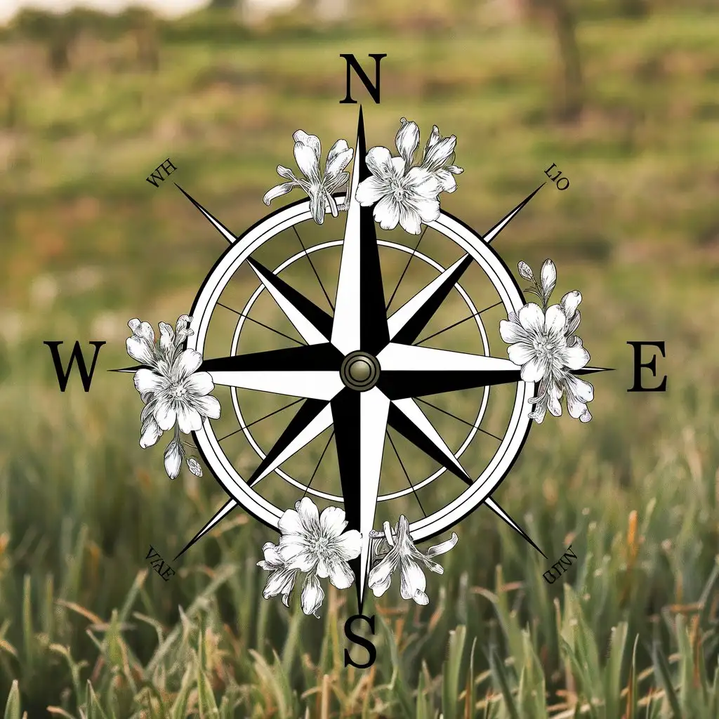 A compass rose intertwined with blooming flowers, symbolizing guidance and growth, perfect for an adventurous spirit.