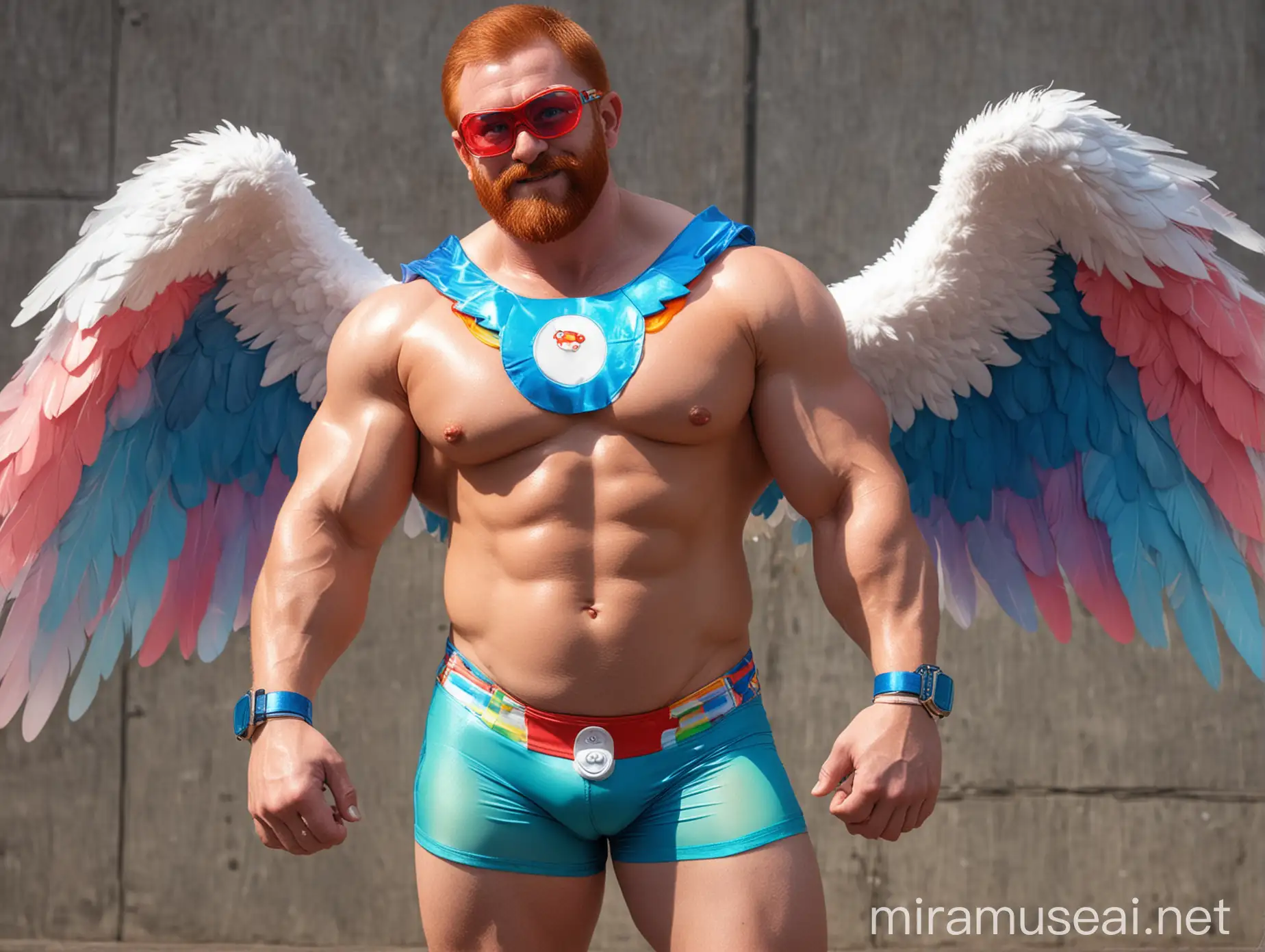 Muscular Bodybuilder Flexing with Rainbow Colored Eagle Wings Jacket