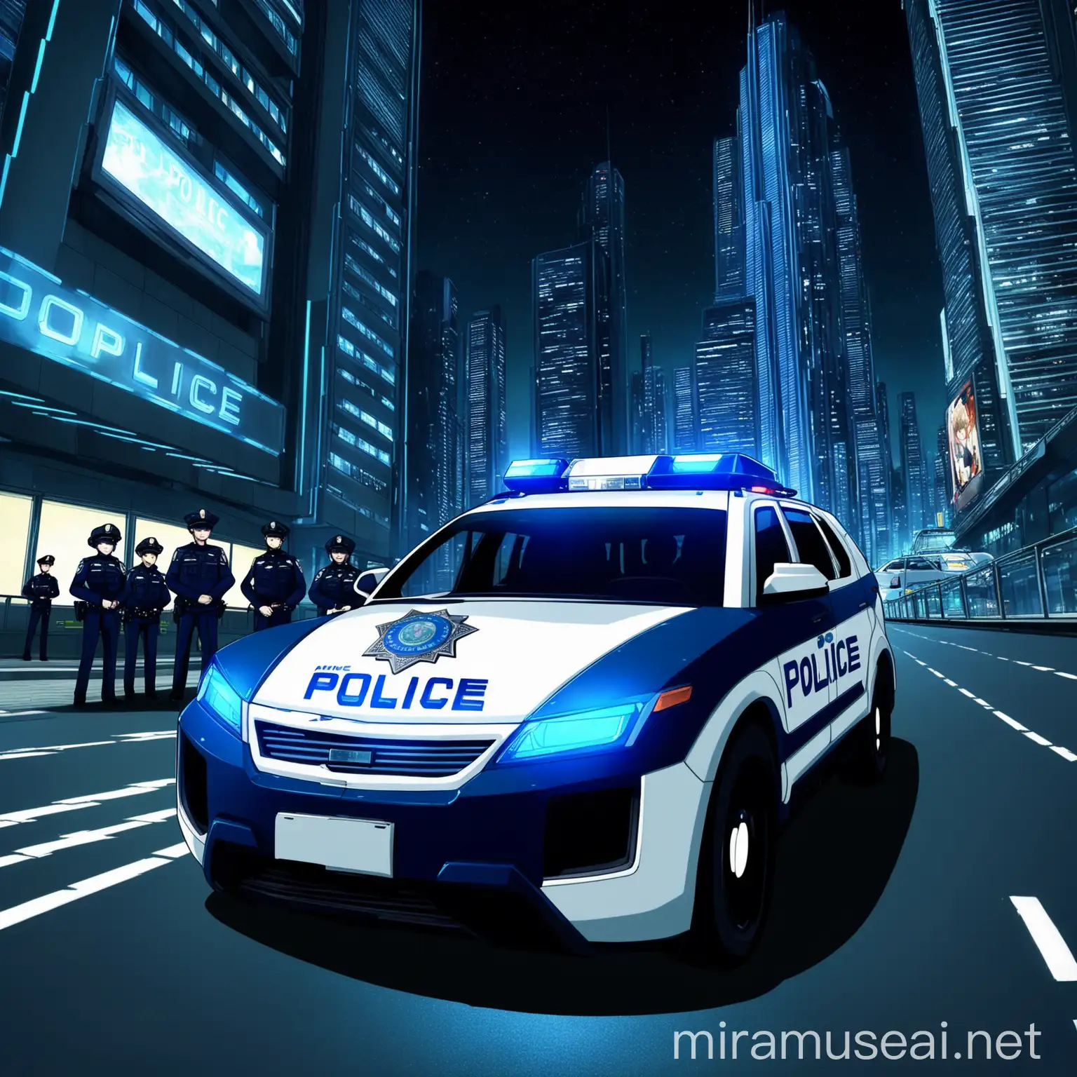 Futuristic Police Car with Officers and Anime Character in Urban Night Scene