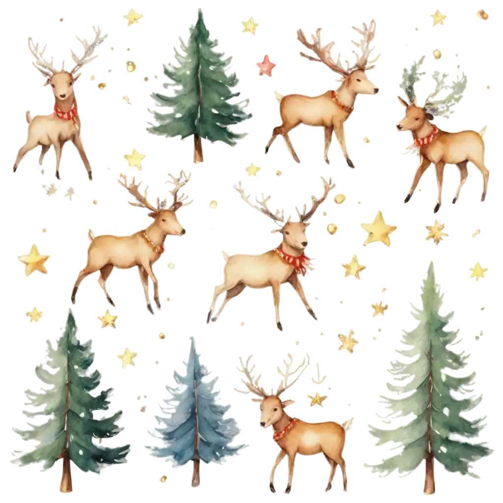 Minimalist-ChristmasThemed-Pattern-PNG-Featuring-Reindeer-Stars-Pine-Branches-and-Christmas-Bells