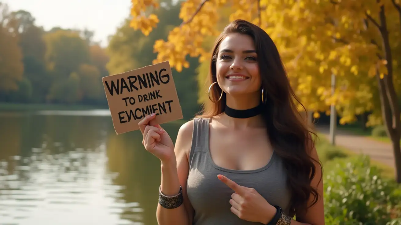 Curvy-Woman-Pointing-at-Warning-Sign-in-Autumn-Park