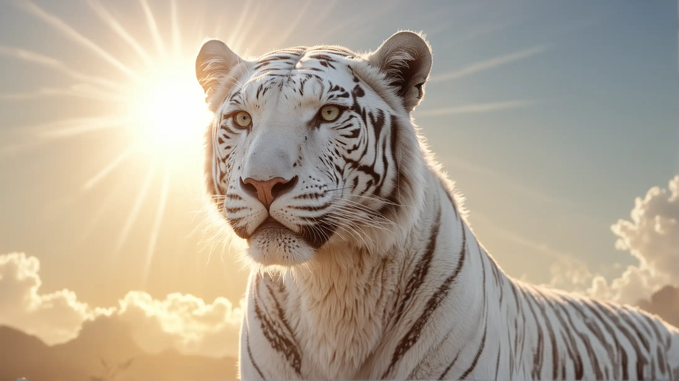 Majestic White Tigress in Radiant Sunlight Fantasy Scene